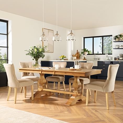 Cavendish Extending Dining Table & 4 Bewley Chairs, Natural Oak Veneer & Solid Hardwood, Champagne Classic Velvet & Natural Oak Finished Solid Hardwood, 160-200cm