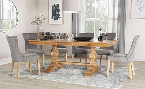 Cavendish Extending Dining Table & 4 Bewley Chairs, Natural Oak Veneer & Solid Hardwood, Grey Classic Velvet & Natural Oak Finished Solid Hardwood, 160-200cm