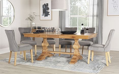 Cavendish Extending Dining Table & 8 Bewley Chairs, Natural Oak Veneer & Solid Hardwood, Grey Classic Velvet & Natural Oak Finished Solid Hardwood, 160-200cm