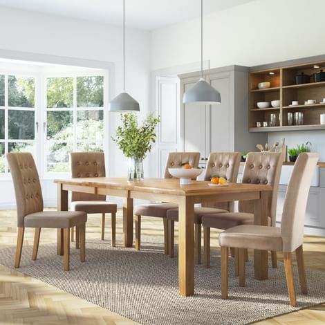 Highbury Oak Extending Dining Table with 4 Regent Mink Velvet Chairs