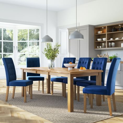 Highbury Oak Extending Dining Table with 4 Regent Blue Velvet Chairs