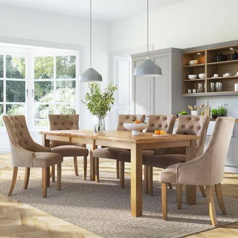 Highbury Extending Dining Table & 6 Duke Chairs, Natural Oak Finished Solid Hardwood, Champagne Classic Velvet, 150-200cm