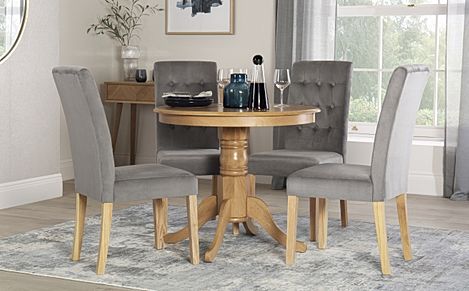 Kingston Round Dining Table & 4 Regent Chairs, Natural Oak Finished Solid Hardwood, Grey Classic Velvet, 90cm