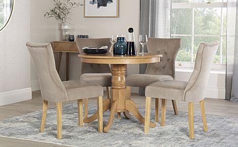 Kingston Round Dining Table & 4 Bewley Chairs, Natural Oak Finished Solid Hardwood, Champagne Classic Velvet, 90cm