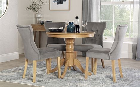 Kingston Round Dining Table & 4 Bewley Chairs, Natural Oak Finished Solid Hardwood, Grey Classic Velvet, 90cm