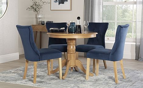 Kingston Round Oak Dining Table with 4 Bewley Blue Velvet Chairs