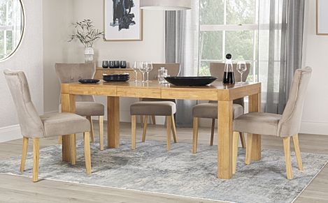 Cambridge Extending Dining Table & 6 Bewley Chairs, Natural Oak Veneer & Solid Hardwood, Champagne Classic Velvet & Natural Oak Finished Solid Hardwood, 125-170cm
