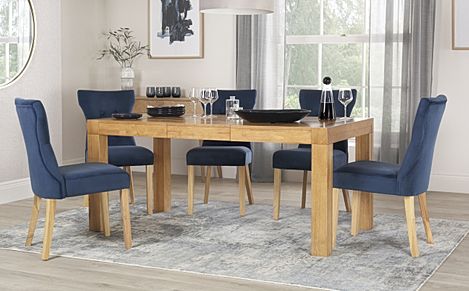 Cambridge Extending Dining Table & 6 Bewley Chairs, Natural Oak Veneer & Solid Hardwood, Blue Classic Velvet & Natural Oak Finished Solid Hardwood, 125-170cm