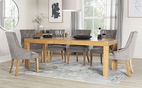 Cambridge Extending Dining Table & 8 Duke Chairs, Natural Oak Veneer & Solid Hardwood, Grey Classic Velvet & Natural Oak Finished Solid Hardwood, 175-220cm