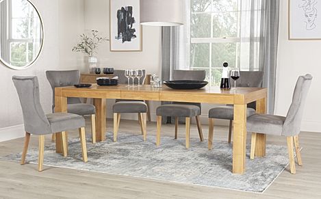 Cambridge Extending Dining Table & 4 Bewley Chairs, Natural Oak Veneer & Solid Hardwood, Grey Classic Velvet & Natural Oak Finished Solid Hardwood, 175-220cm