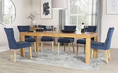 Cambridge Extending Dining Table & 8 Bewley Chairs, Natural Oak Veneer & Solid Hardwood, Blue Classic Velvet & Natural Oak Finished Solid Hardwood, 175-220cm