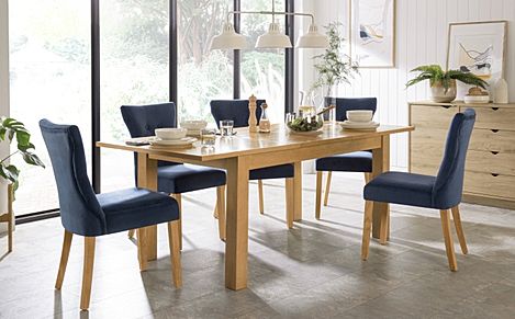 Hamilton 150-200cm Oak Extending Dining Table with 4 Bewley Blue Velvet Chairs