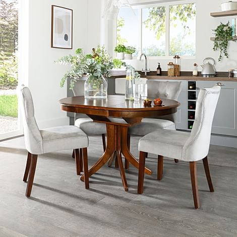 Hudson Round Dark Wood Extending Dining Table with 4 Bewley Grey Velvet Chairs
