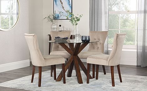 Hatton Round Dining Table & 4 Bewley Chairs, Glass & Dark Solid Hardwood, Champagne Classic Velvet, 100cm