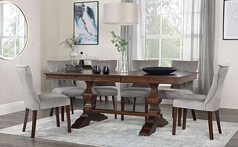 Cavendish Extending Dining Table & 6 Bewley Chairs, Dark Oak Veneer & Solid Hardwood, Grey Classic Velvet & Dark Solid Hardwood, 160-200cm