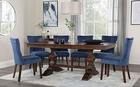 Cavendish Dark Wood Extending Dining Table with 4 Bewley Blue Velvet Chairs