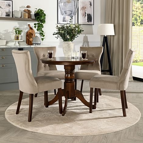 Kingston Round Dining Table & 4 Bewley Chairs, Dark Solid Hardwood, Champagne Classic Velvet, 90cm