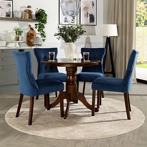 Kingston Round Dining Table & 4 Bewley Chairs, Dark Solid Hardwood, Blue Classic Velvet, 90cm