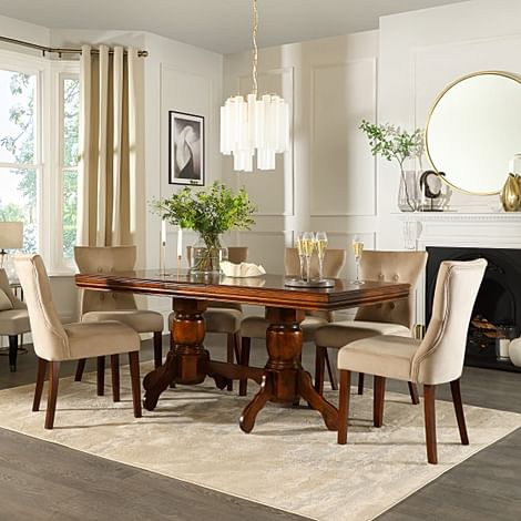 Chatsworth Extending Dining Table & 6 Bewley Chairs, Dark Solid Hardwood, Champagne Classic Velvet, 150-180cm