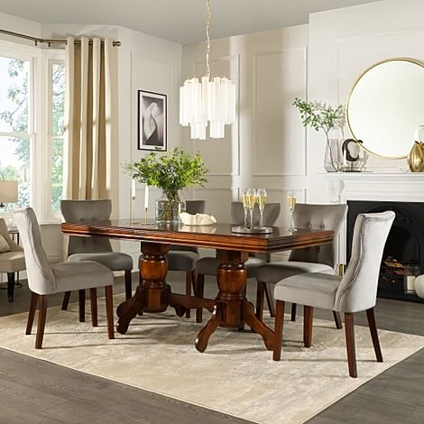 Chatsworth Dark Wood Extending Dining Table with 4 Bewley Grey Velvet Chairs