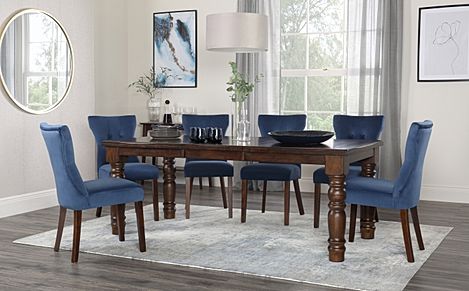 Hampshire Extending Dining Table & 4 Bewley Chairs, Dark Solid Hardwood, Blue Classic Velvet, 150-200cm