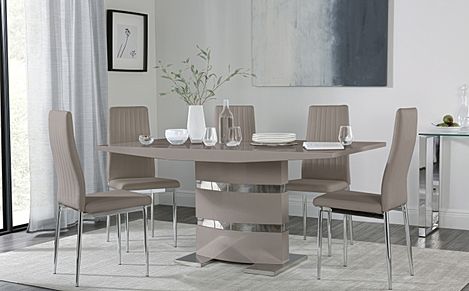 Komoro Stone Grey High Gloss Dining Table with 4 Leon Stone Grey Leather Chairs