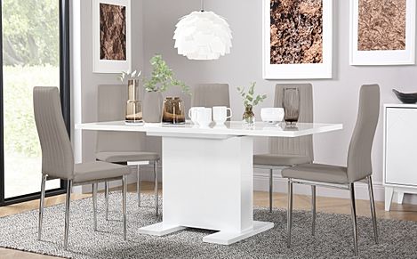 Osaka White High Gloss Extending Dining Table with 4 Leon Stone Grey Leather Chairs