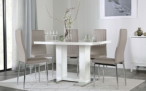 Joule White High Gloss Dining Table with 4 Leon Stone Grey Leather Chairs