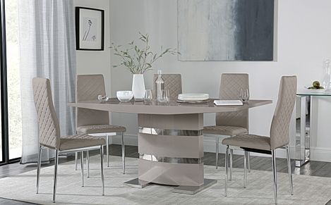Komoro Stone Grey High Gloss Dining Table with 4 Renzo Stone Grey Leather Chairs