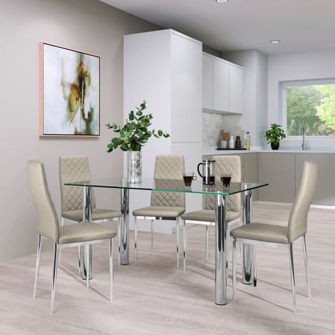 Lunar Chrome and Glass Dining Table with 4 Renzo Stone Grey Leather Chairs