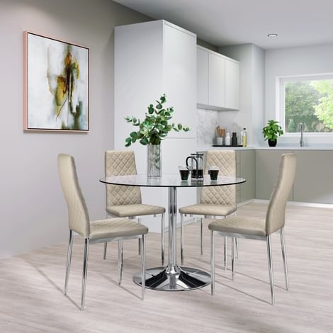 Orbit Round Chrome and Glass Dining Table with 4 Renzo Stone Grey Leather Chairs