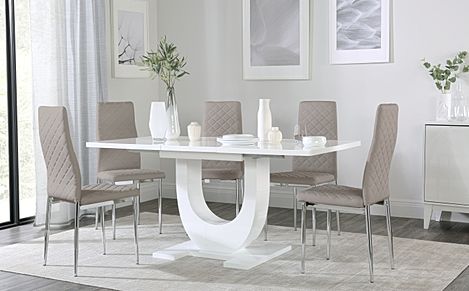 Oslo White High Gloss Extending Dining Table with 6 Renzo Stone Grey Leather Chairs