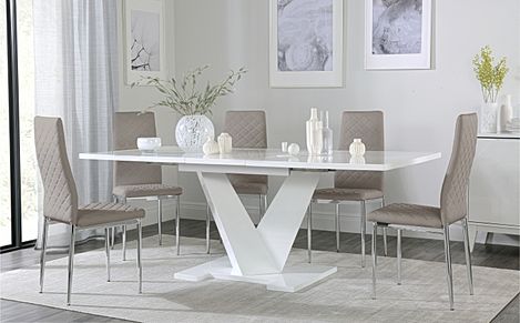 Turin White High Gloss Extending Dining Table with 4 Renzo Stone Grey Leather Chairs