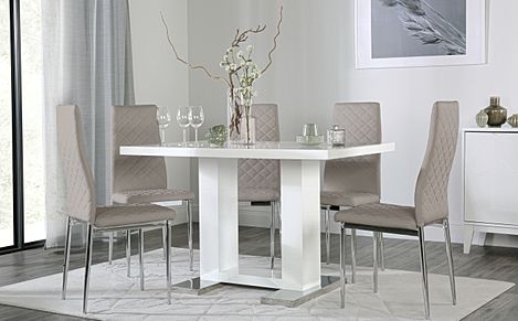 Joule White High Gloss Dining Table with 6 Renzo Stone Grey Leather Chairs