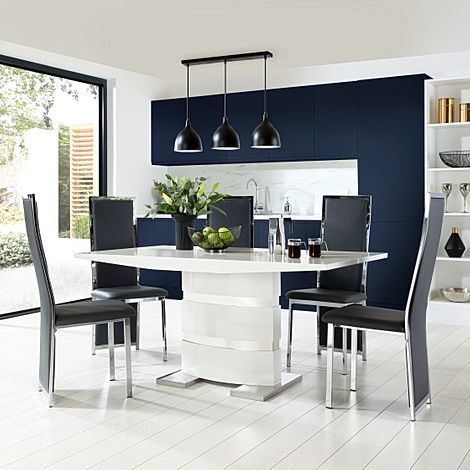 Komoro Dining Table & 4 Celeste Chairs, White High Gloss & Chrome, Grey Classic Faux Leather, 160cm