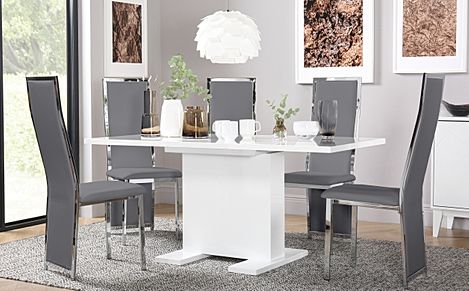 Osaka White High Gloss Extending Dining Table with 6 Celeste Grey Leather Chairs
