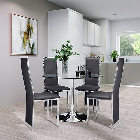 Orbit Round Dining Table & 4 Celeste Chairs, Glass & Chrome, Grey Classic Faux Leather, 110cm