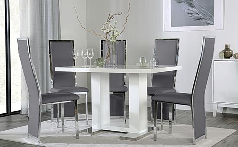 Joule White High Gloss Dining Table with 6 Celeste Grey Leather Chairs