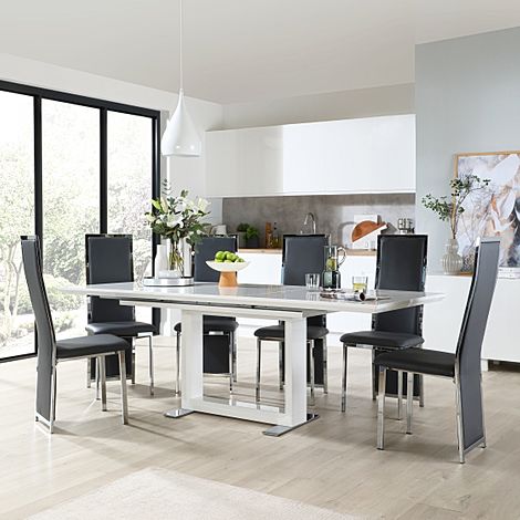 Tokyo White High Gloss Extending Dining Table with 6 Celeste Grey Leather Chairs