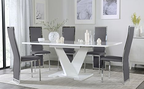 Turin White High Gloss Extending Dining Table with 4 Celeste Grey Leather Chairs