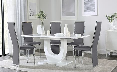 Oslo White High Gloss Extending Dining Table with 6 Celeste Grey Leather Chairs