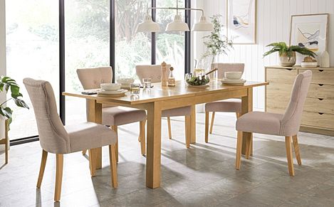 Hamilton 150-200cm Oak Extending Dining Table with 4 Bewley Oatmeal Fabric Chairs