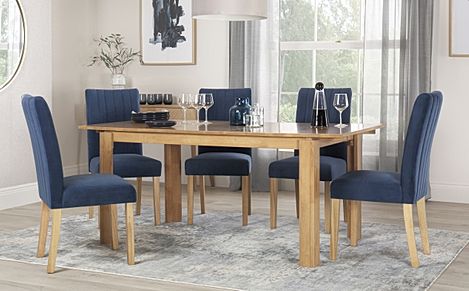 Bali Extending Dining Table & 4 Salisbury Chairs, Natural Oak Finished Solid Hardwood, Blue Classic Velvet, 150-180cm