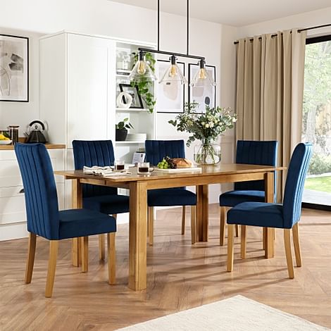 Bali Extending Dining Table & 4 Salisbury Chairs, Natural Oak Finished Solid Hardwood, Blue Classic Velvet, 150-180cm