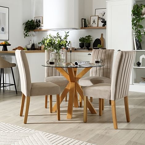 Hatton Round Dining Table & 4 Salisbury Chairs, Glass & Natural Oak Finished Solid Hardwood, Champagne Classic Velvet, 100cm