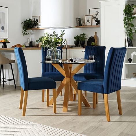 Hatton Round Dining Table & 4 Salisbury Chairs, Glass & Natural Oak Finished Solid Hardwood, Blue Classic Velvet, 100cm