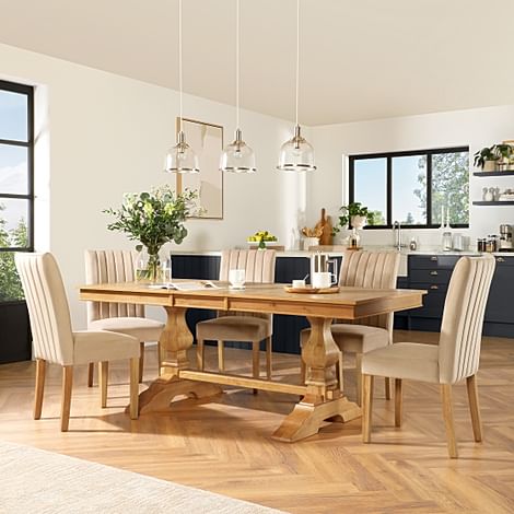 Cavendish Extending Dining Table & 4 Salisbury Chairs, Natural Oak Veneer & Solid Hardwood, Champagne Classic Velvet & Natural Oak Finished Solid Hardwood, 160-200cm