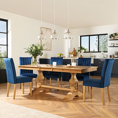 Cavendish Extending Dining Table & 4 Salisbury Chairs, Natural Oak Veneer & Solid Hardwood, Blue Classic Velvet & Natural Oak Finished Solid Hardwood, 160-200cm