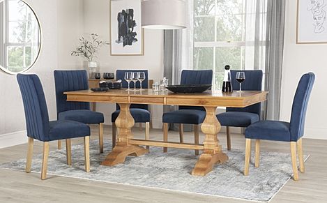 Cavendish Extending Dining Table & 6 Salisbury Chairs, Natural Oak Veneer & Solid Hardwood, Blue Classic Velvet & Natural Oak Finished Solid Hardwood, 160-200cm