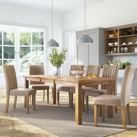 Highbury Extending Dining Table & 6 Salisbury Chairs, Natural Oak Finished Solid Hardwood, Champagne Classic Velvet, 150-200cm